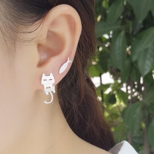 Sweet Little Fish Cat Earrings Ladies Gift Silver Earrings Cat Fish Earrings Popular Styles