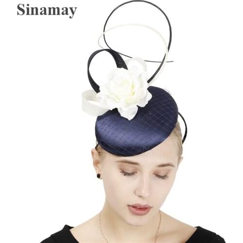 Navy Blue Fedora Caps Feather Hair Clips Fascinators Church Party Hats Women Elegant Lady Headwear Decoration Headdress XMF435