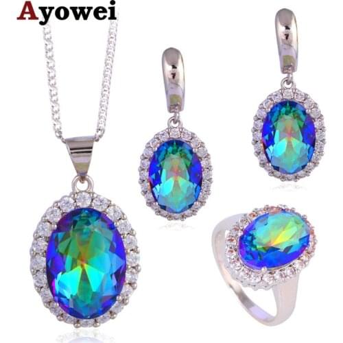 Ayowei Mystic Zircon Silver Stamped Wedding Earrings Necklace Ring Zircon Crystal Fashion Jewelry Set for Women JS631A