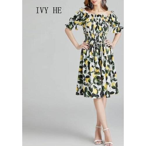 IVY HE High Quality Summer Dress Woman Clothing Printed Elastic Waist Slash Neck Midi Long Dress Traf ZAfu Vintage Party Dresses