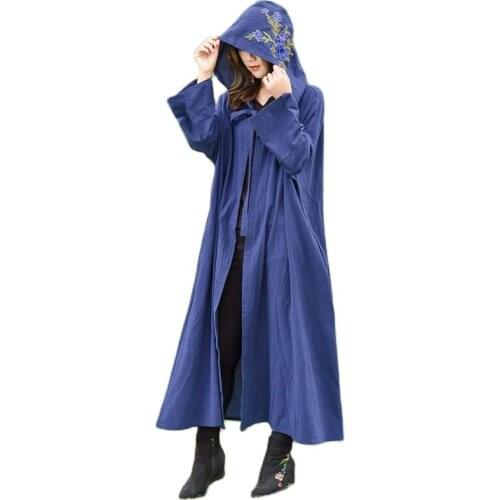 2020 New Spring Chinese style Large Size Cloak Long Windbreaker Autumn Women vintage Shawl Embroidered Hooded Trench Coats V798