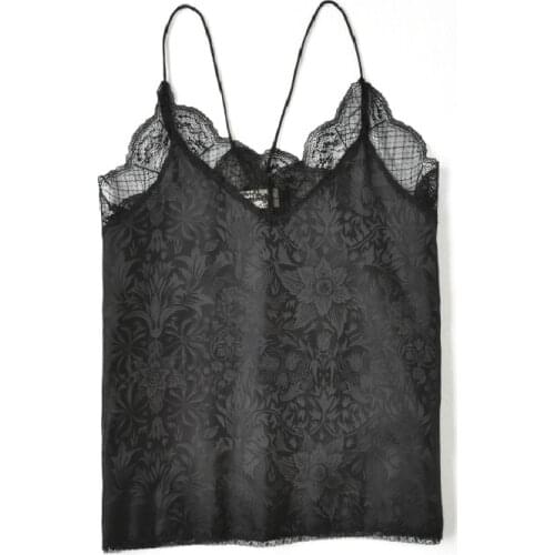Jacquard Lace Trim Camisole 100% Silk Sling for Women 2021 New Summer Black Sleeveless V-Neck Camis and Vest Sexy Ladies Top