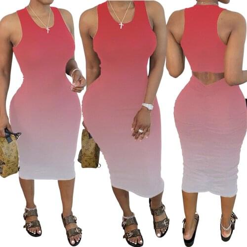 S-XL Womens Gradient Sleeveless Folds Tie Dye Print Tank Hollow Out Party Beach Evening Long Maxi Dress