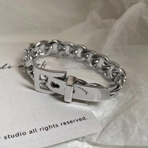 1PC New Individuality Punk Trendy Silver Color Chain Belt Buckle Alloy Couple Wrist Bracelet for Women Men Party Jewelry 2021