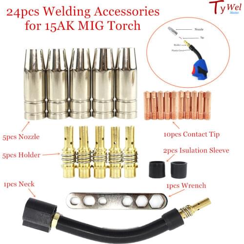 24pcs 15AK MIG Torch Accessories Gas Nozzle Tip Holder Neck Insulation Wrench Consumables for EU 180A Welding Machine