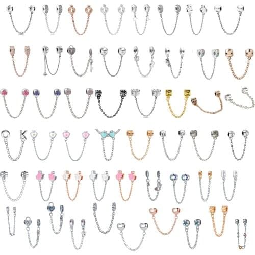 5PCS New Crystal Flower Heart Butterfly Safety Chain Charms Beads Fit Original Pan Bracelet Pendant DIY Jewelry Making For Women