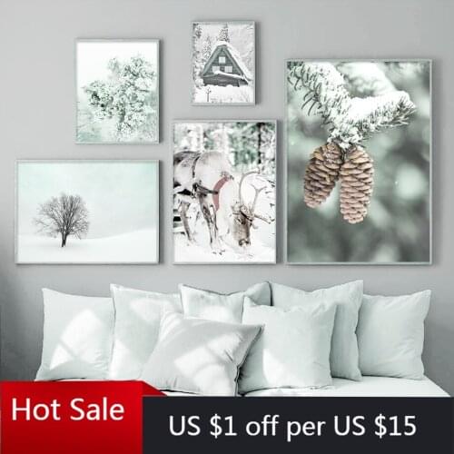 Alps Snow House Mountain Deer Pineta Tree Nordic Canvas Painting Posters And Prints Wall Art Decor Pictures For Living Room Deco