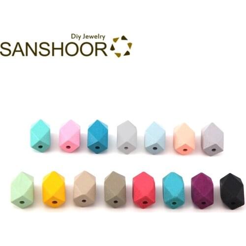 SANSHOOR 15*22mm Colorful Long Geometric Wooden Beads Hexagon Wood Craft Fit Diy Pendant Necklace Earrings For Women Gifts 30pcs