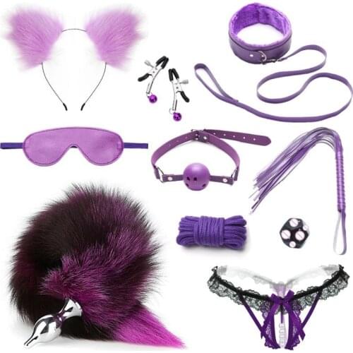 Purple Sexy Ten-Piece Set Sex Product Tail Mouth Ball Belly Band Ratchet Tie down Adult SM Leather