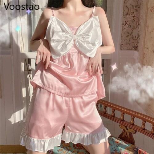 2Pcs Summer Sweet Princess Satin Sleepwear Set Women Cute Bow Ruffles Loose Pyjamas Girls Casual Sexy Strap Homewear Pijama Suit