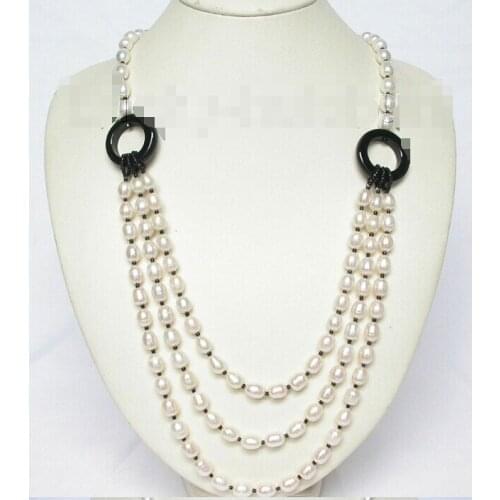 Beautiful! long 3row 27" 10mm baroque white pearls necklace