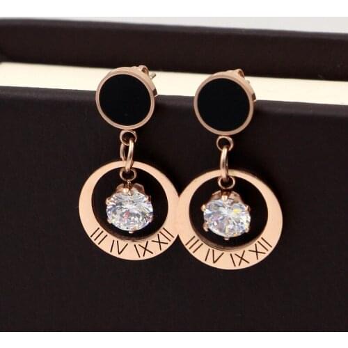 Fashion Brand Love Roman Numerals Round Black Crystal Drop Earrings Rose Gold Color Stainless Steel Women Party Gift