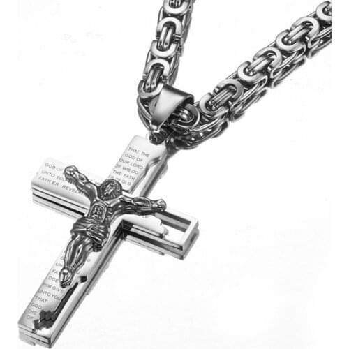 Top Quality Mens Jesus Cross Pendant Necklace 316L Stainless Steel 6mm Wide Byzantine Box Chain Necklace Jewelry