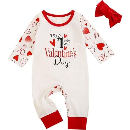 0-24M Baby Girl My 1st Valentines Day Outfit Set Newborn Baby Girls Boys Hearts Letter Print Jumpsuit+Headband Set 2pcs Outfits