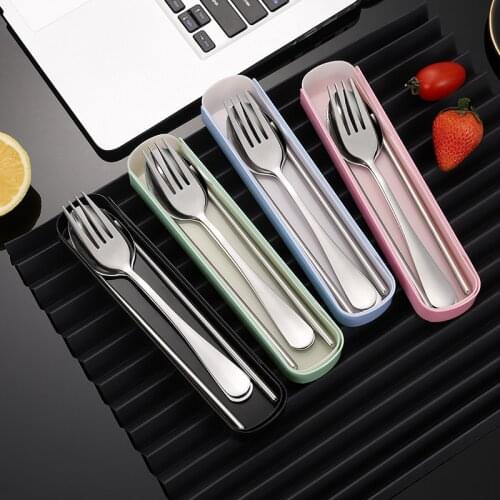 Stainless steel tableware spoon fork chopsticks three-piece student portable travel tableware gift set spoon fork knife box hot