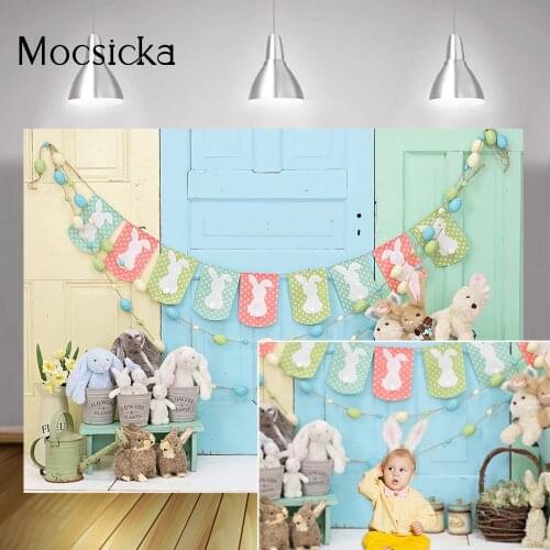 Easter Spring Newborn Rabbit Birthday Art Backdrop Little Bunny Portrait Background Photography Easter Egg Retro Blue Door Photo
