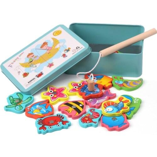 Educational 15 pcs wooden magnetic fish set marine life cognitive toy parent-child early childhood education boxed toy gift kid