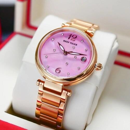 Reef Tiger/ RT Luxury Fashion Diamond Pink Dial Women Watches Stainless Steel Bracelet Automatic Mechanical Watches