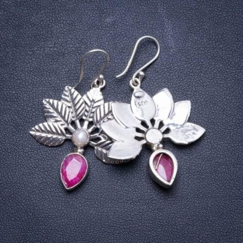 Natural Cherry Ruby and River Pearl Handmade Unique 925 Sterling Silver Earrings 1.75" X4129