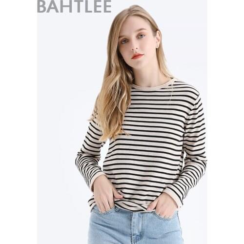 BAHTLEE Spring Autumn Women Wool Pullovers Black White Striped Sweater Knitted Jumper Long Sleeves O-Neck Loose Style