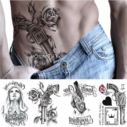 Praying Spades Arm Temporary Tattoo Sticker Gun Rose Flower Waterproof Tatto Virgin Mary Body Art Fake Tatoo Men Women