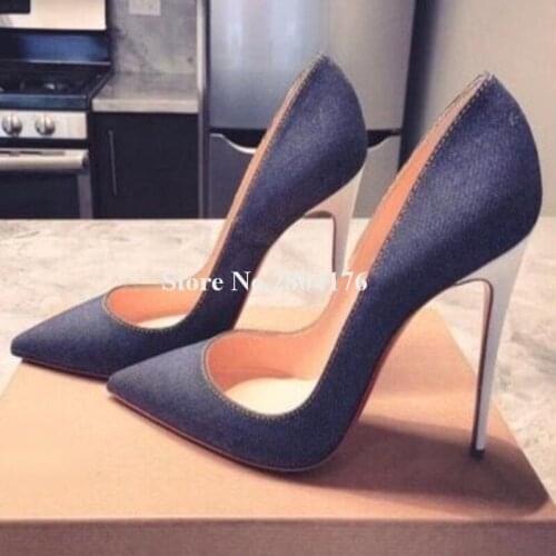 Women Elegant Pointed Toe Dark Blue Denim Stiletto Heel Pumps Patchwork Slip-on High Heels Big Size Dress Shoes