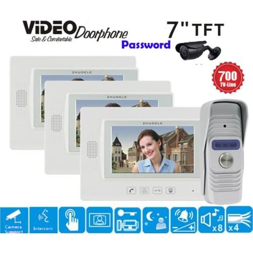 ZHUDELE Home Security Intercom 7"Display Wired Video Door Phone Touch button Doorbell Intercom Night Vision 700TVL HD Camer 1V3