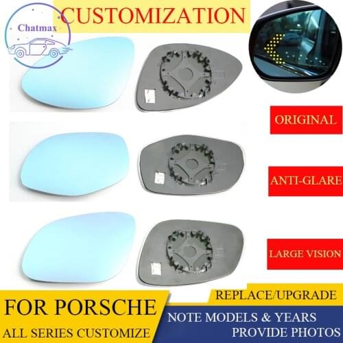 Sideview Rear Mirror Lens Customize For Porsche All Series Cayenne Macan Blue Glass With Heating Turn Signal LED Large Vision