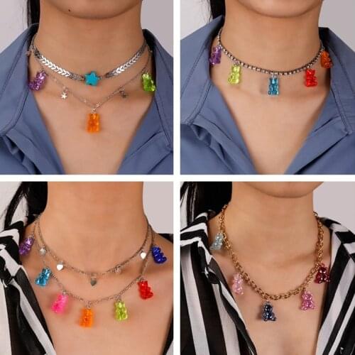 Hot Sale Double Layer Clavicle Chain Gummy Bear Stars Necklaces for Women Colorful Evil Eye Hearts Pendants Female Jewelry Gift