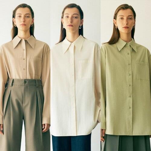 Women Shirt 2021 Autumn New Three-color 100% Cotton Pointed Collar Single-breasted Long-sleeved Loose Shirt Blouse