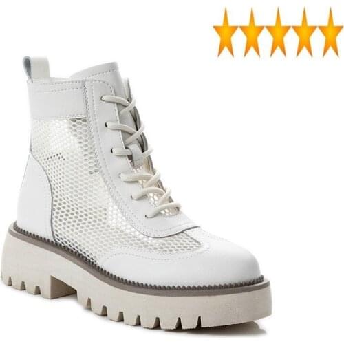 Women Mesh Summer Breathable Patchwork Lace Up Round Toe High Heel Leather Shoes Fashion Female Ankle Length Work Boots