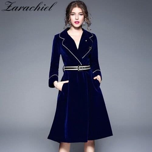 Brand 2020 Winter Runway Jacket Womens Luxury Velvet Dress Office Lady Notched Long Sleeve Midi Dress With Sashes Brooch Detail