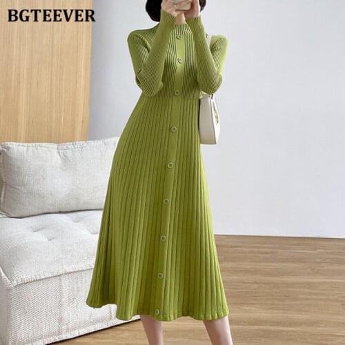 BGTEEVER Elegant Half Turtleneck Knitted A-line Women Dress Autumn Full Sleeve Single-breasted Slim Waist Female Sweaters Dress