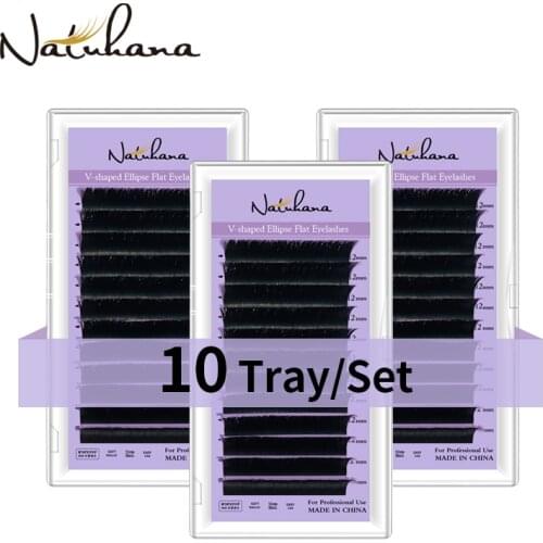 NATUHANA 10 Cases/Lot V-shaped Ellipse Flat Mink Eyelash Extension Premade Volume Split Tips Auto-Fans 2D Eyelashes