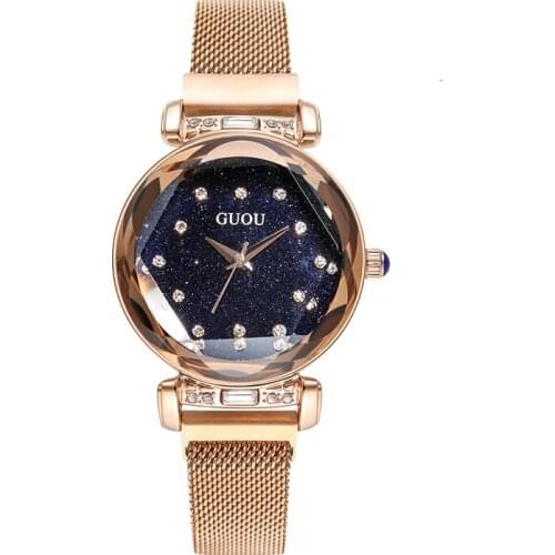 2018 GUOU Fashion Brand Sky Luxury Rose Mesh Steel & Genuine Leather Quartz Analog Waterproof Watch Sky Stars Dial WristWatches
