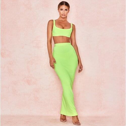 BEAUKEY 2019 New Arrival 2 Piece Set Women Long Vertical Stripe Ankle Length Stretchy Bandage Skirt & Top Green Pink Orange