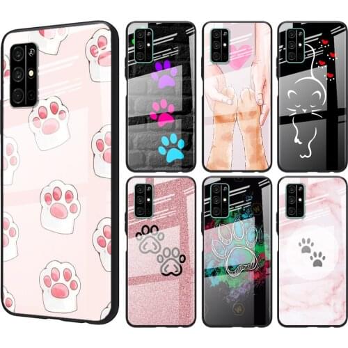 Tempered Glass Cover Cat dog paw footprints For Huawei Honor 30 20 10 9X 8X Pro Plus Lite Shockproof Shell Phone Case