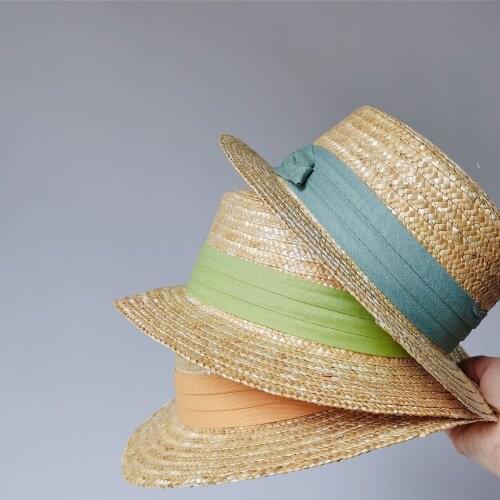 Kids Straw Hat Children Wheat Boater Flat Top Summer Spring Boys and Girls Travel Outdoor Fashion Sunhat