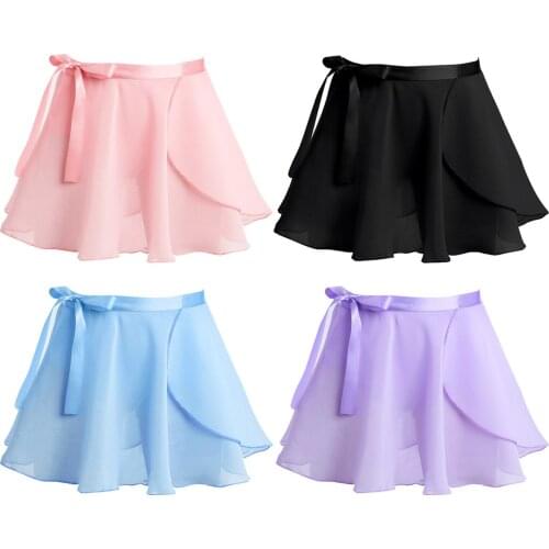 Kids Girls Dance Basic Classic Chiffon Skirt Ballet Wrap Skirts With Ribbon Tie Waist Ballet Dance Gymnastics Leotard Tutu Skirt