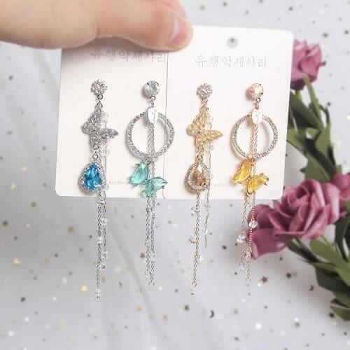 Korean ice through blue orange crystal butterfly ring Tassel Earrings temperament super fairy 925 Tremella nail