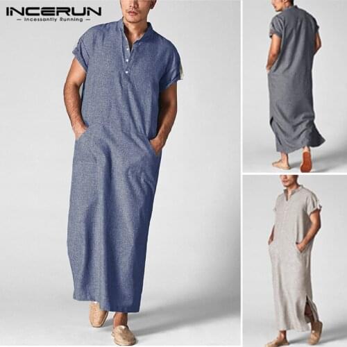 INCERUN Men Islamic Arab Muslim Kaftan Stand Collar Short SLeeve Pockets Vintage Robes Middle East Solid Men Jubba Thobe S-5XL 7