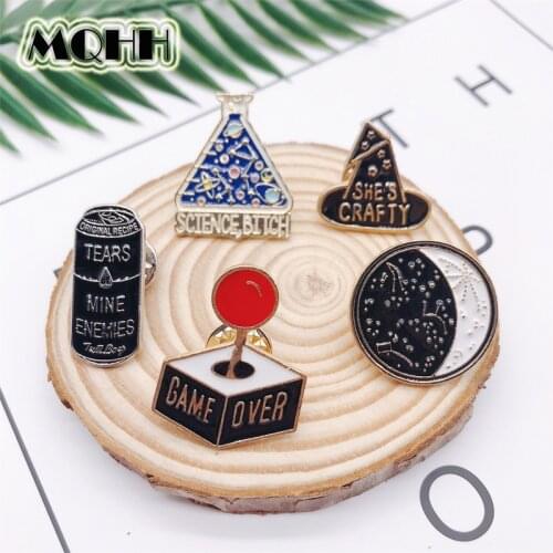 Cartoon Fashion GAME OVER Bottle Enamel Pins SHES CRAFTY Hat Button Badge Brooches Bag Shirt Women Jewelry Gift For Kids