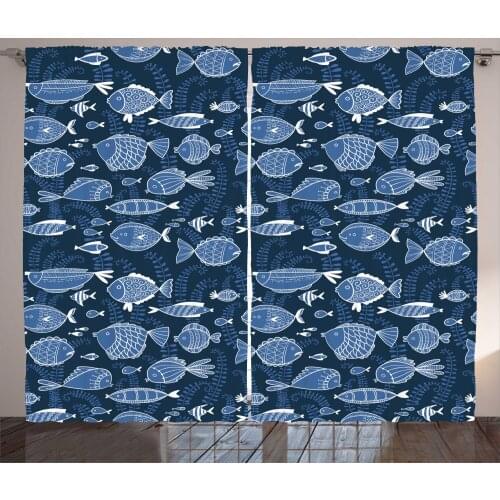 Marine Fish Curtains Aquatic Design Nautical Artwork Satin Fabric Drapes for Living Room Bedroom 2 Panel Window Set
