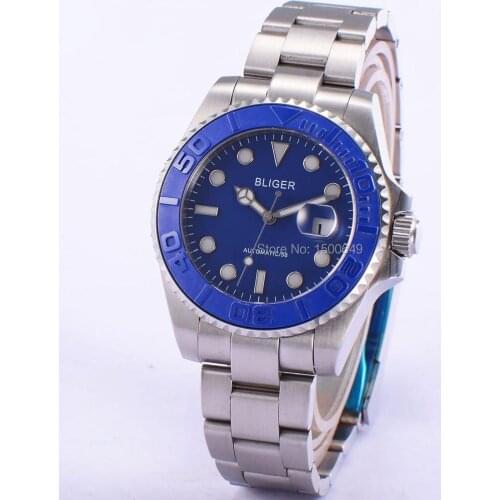 43mm Automatic Mens Watch Bliger blue bezel Sapphire Glass blue dial Ceramics Bezel 1885