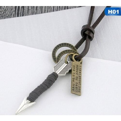 Men Punk Necklace New Leaf Round Feather Cross Arrow Pendant Maxi Necklace Men Woman Choker Genuine Leather Collar Necklace