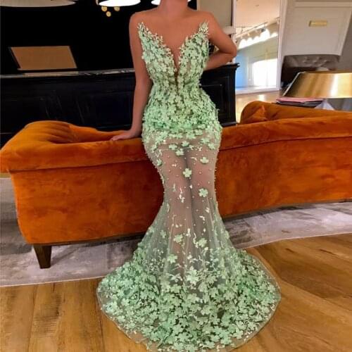 Mint Muslim Evening Dresses Mermaid Tulle Flower Pearls See Through Dubai Saudi Arabic Long Evening Gown Prom Dress