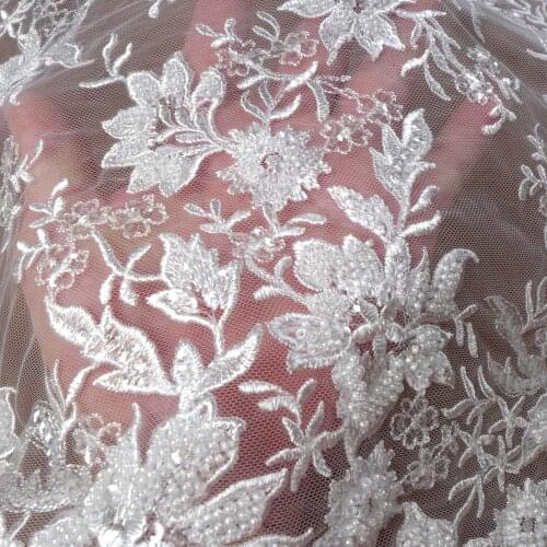 New off white lace fabric,beaded on tulle embroidery lace fabric, wedding dress/evening dress lace fabric 130cm 1 yard