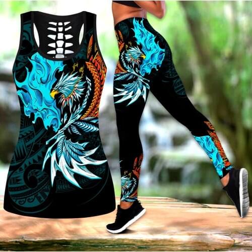 Eagle Warrior Polynesian Tattoo 3D Printed Women Hollow Tank Top & Leggings Set Fitness Female Full Length Leggings LKB-02