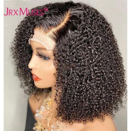 JRX MUSES Short Curly Bob T Part Lace Wigs Kinky Curly Human Hair Wigs Pre Plucked Brazilian Curly Human Hair Wigs For Women