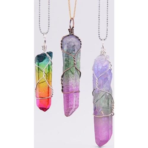 Natural Hexagon Clear Colorful Crystal Stone Pendants DIY Handmade Wire Wrapped Suspension Bullet Shaped Pendant D319